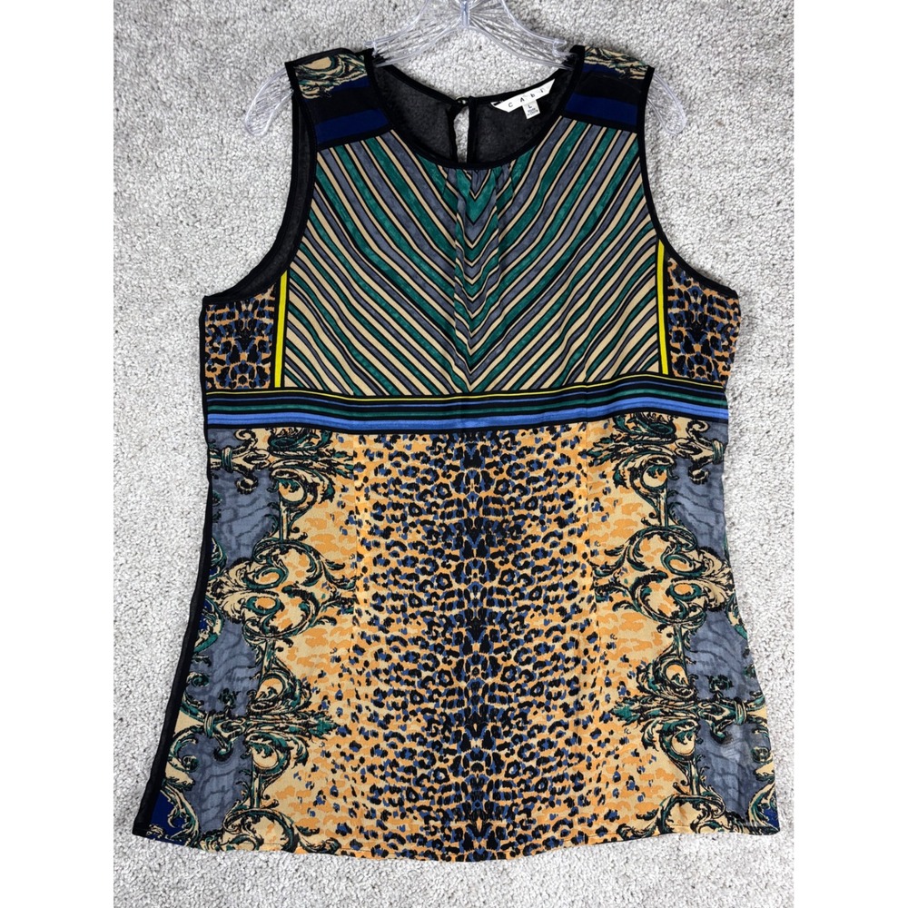 Cabi Womens Top Size L Sleeveless Sheer Cheetah Print Geometric V Neck
